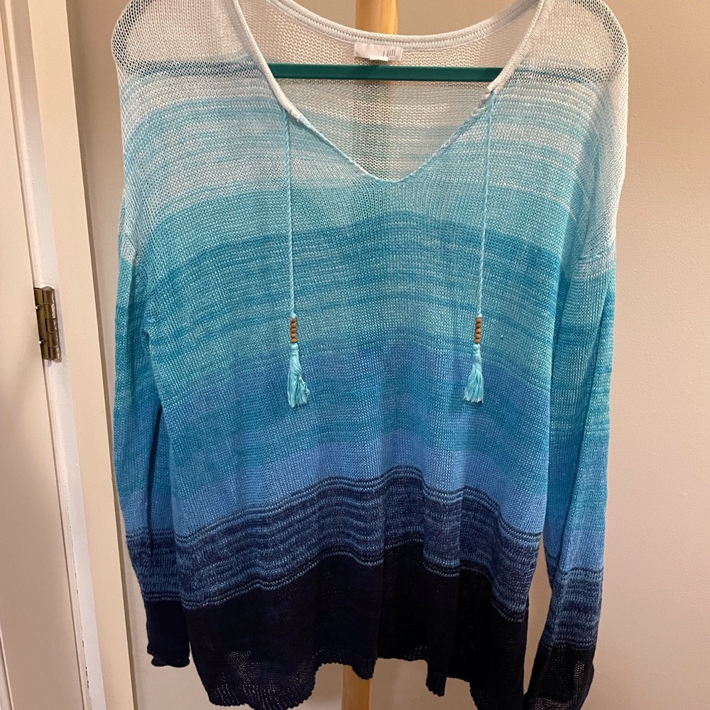 J Jill Blue Gradient Summer Linen Knit Sweater
Sheer light 
Beach Cruise Resort
